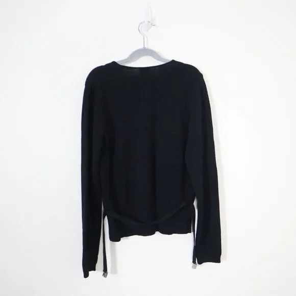 Margaret O'Leary Size 1/S Black Viscose Knit Sweater Belted V Neck Pullover - Picture 7 of 10